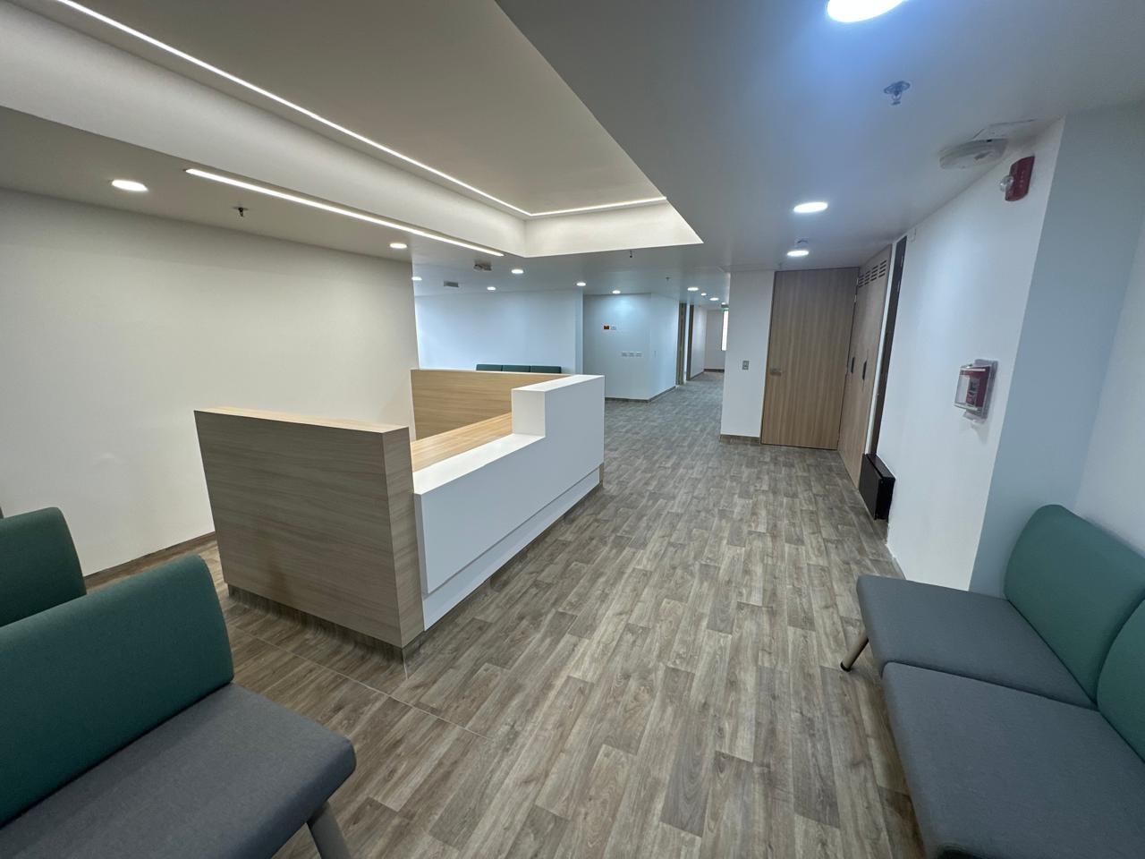 Vista general de recepción y pasillo de circulación con puertas en madera