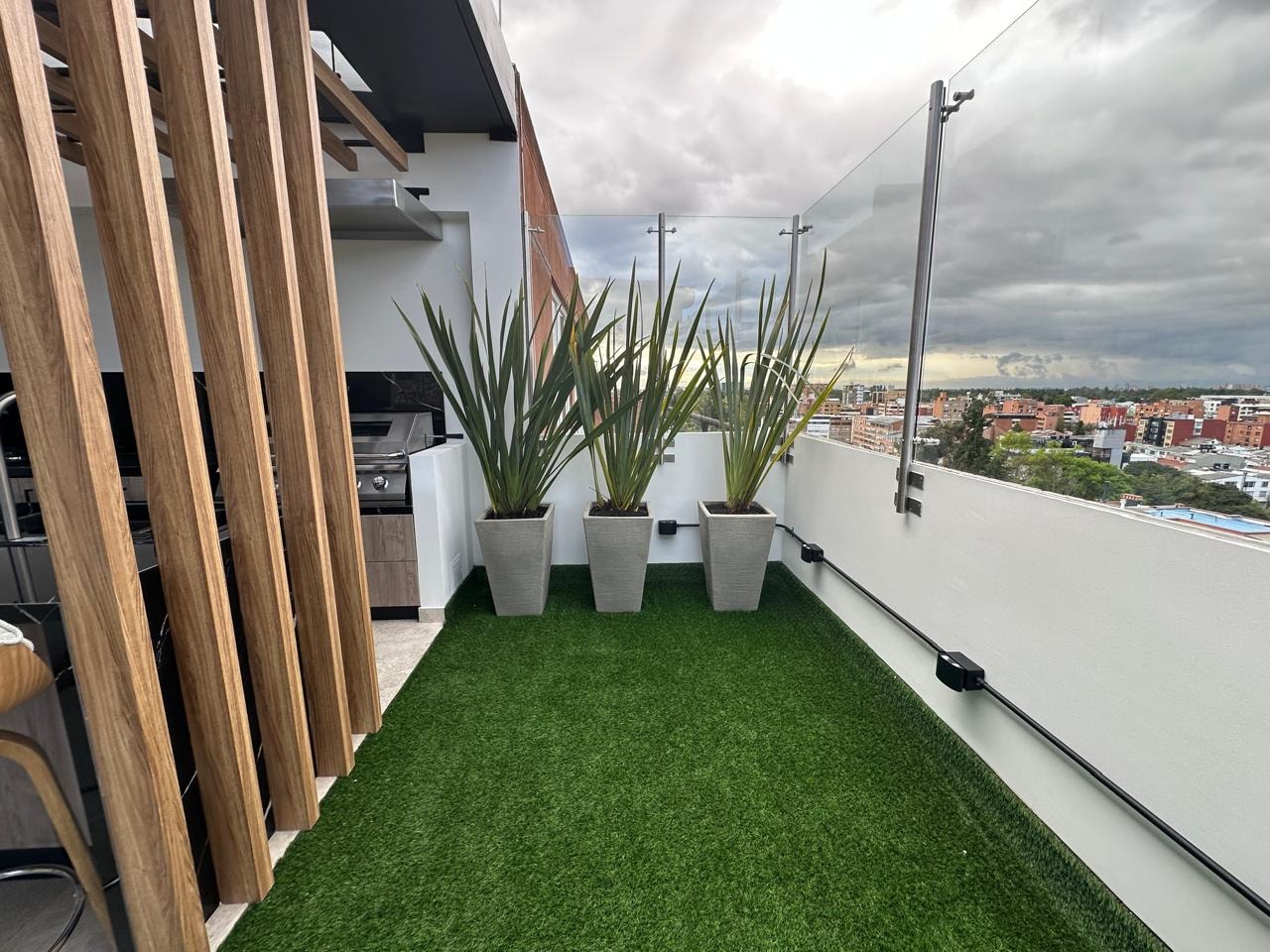 Zona exterior con grama sintética, plantas y barandas de vidrio con vista a la ciudad